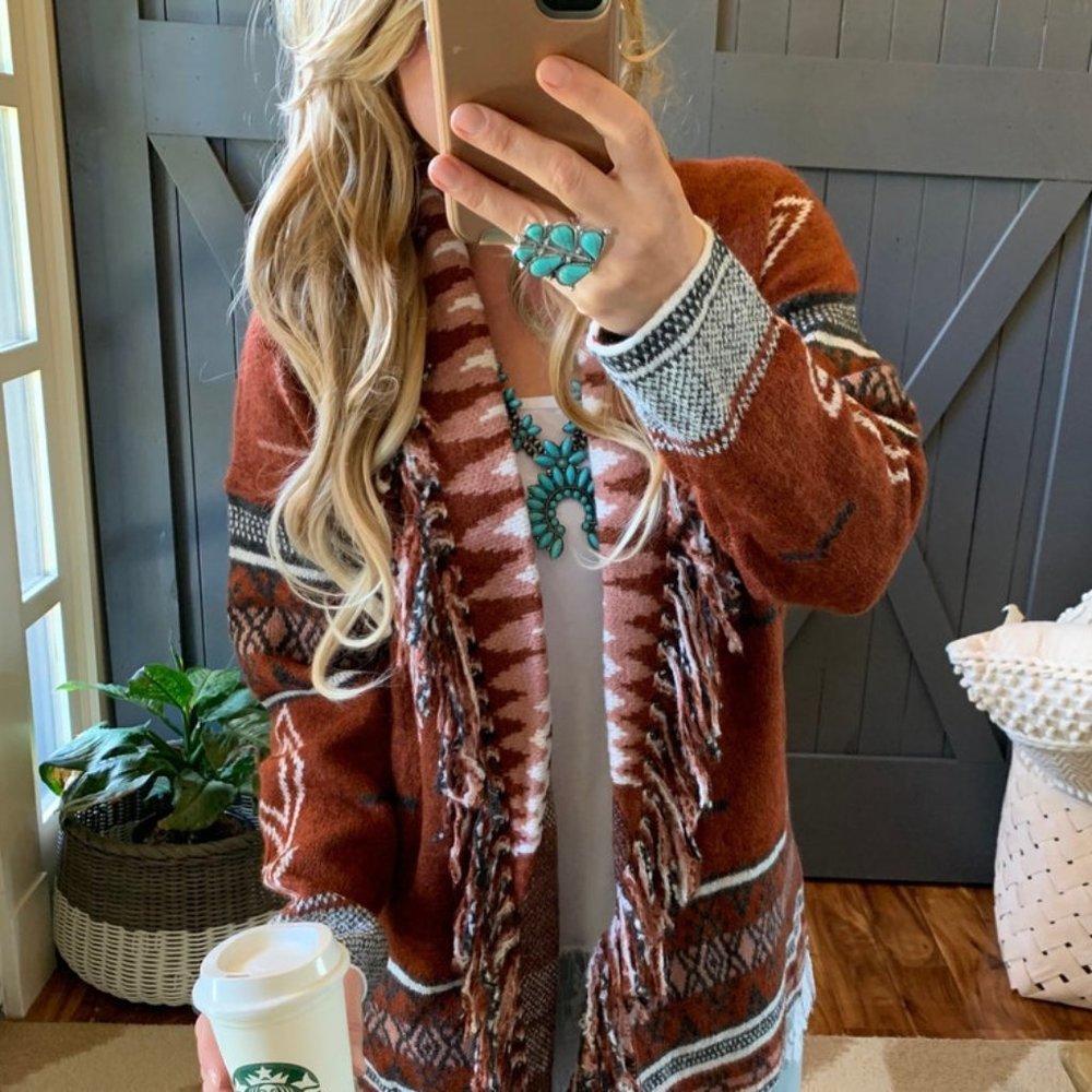 New Cowichan Aztec Print Fringed Cardigan Sweater